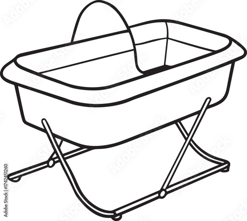 Simple line drawing of a vintage bassinet or moses basket