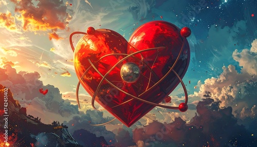 Cosmic heart with an atomic structure floats in the sky