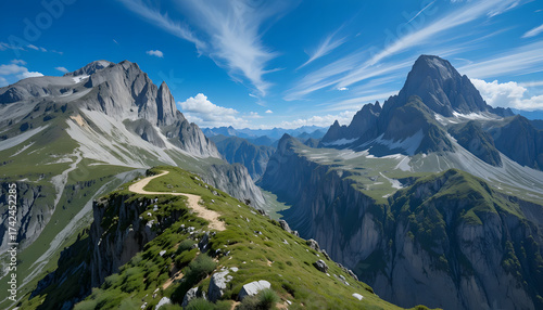 Narrow mountain trail winding along cliffside between granite peaks and alpine grass