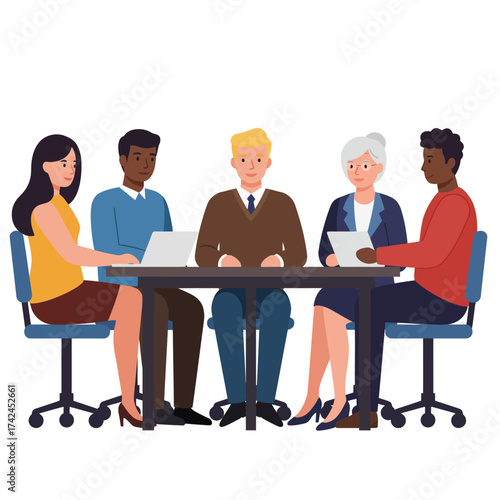 A diverse group of business professionals seated around a conference table, collaborating and discussing ideas.