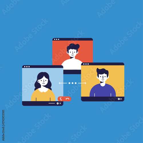 A flat vector illustration of three people communicating during a virtual meeting or online video conference call.