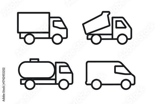 Outline illustrations of various trucks and vans for cargo and transport
