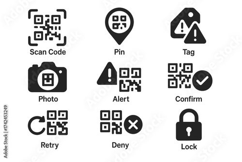 Qr code icons for scanning and security with alerts and tags