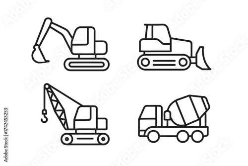 Outline icons of excavator, bulldozer, crane, cement mixer