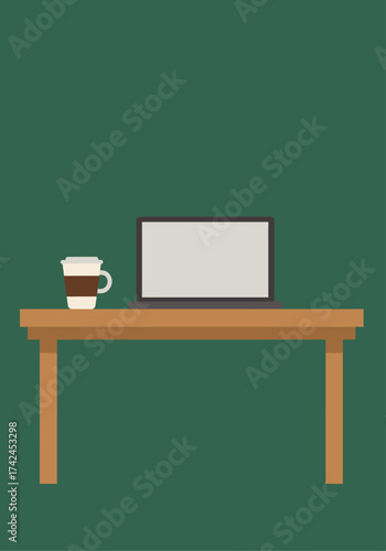 A laptop computer and a coffee cup sit on a wooden table against a green background.