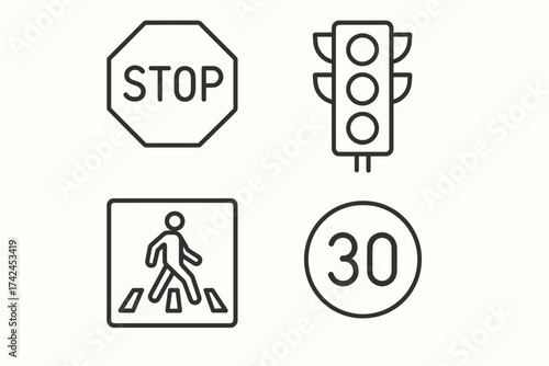 Traffic symbols: stop sign, traffic lights, pedestrian crossing, speed limit 30