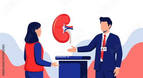 A modern kidney transplant illustration depicting medical professionals and organ presentation