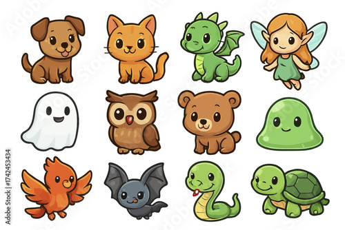 Cute cartoon animals and fantasy characters collection