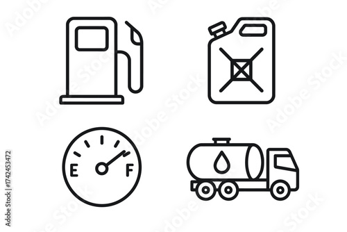 Fuel icons: pump, canister, gauge, and tanker truck