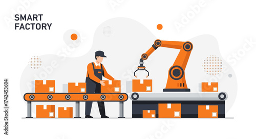Automation in modern manufacturing: Illustration showcasing collaborative factory with human