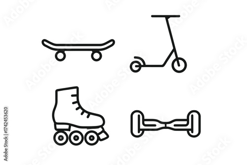 Outline drawings of skateboard, scooter, roller skates, and hoverboard