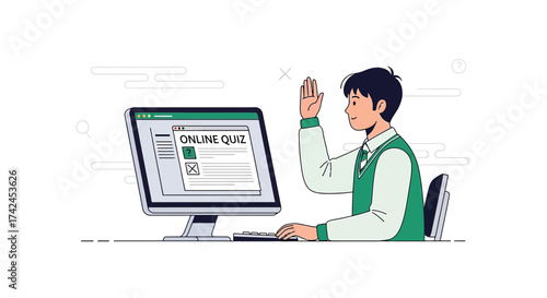 Boy answers an online quiz on the computer with enthusiasm expressing joy in the educational process