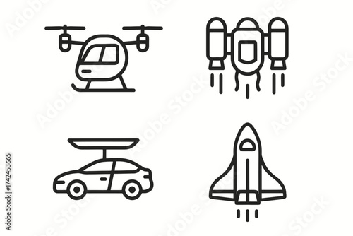 Icon set of drone, jetpack, flying car, and spaceship illustrations