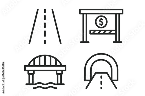 Minimalist icons of road, toll booth, bridge, and tunnel in black and white