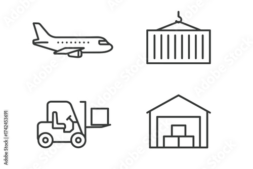 Line icons of airplane, shipping container, forklift, warehouse