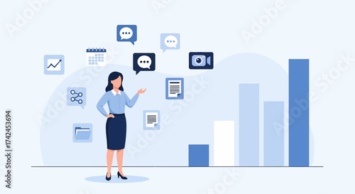 Businesswoman presenting data with communication and productivity application icons