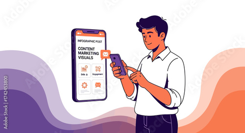 Cartoon illustration showcasing digital marketing strategy and mobile engagement techniques