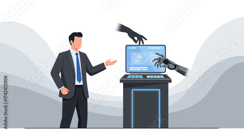 Collaboration of humans and artificial intelligence using computer technology showcasing robotic