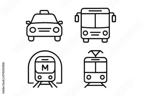 Simple line icons of transportation vehicles: car, bus, subway, tram