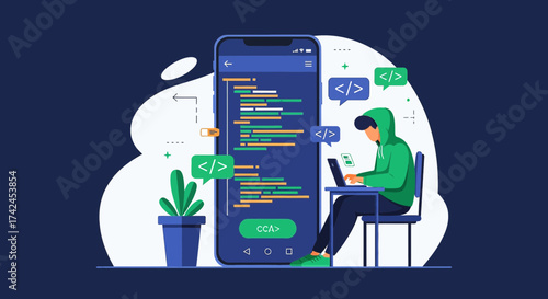 Coding remotely: A developer working on a mobile app with clean and efficient code