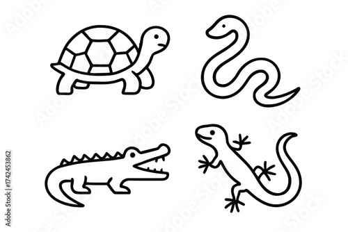 Simple black and white line drawings of reptiles including tortoise, snake, crocodile, and lizard