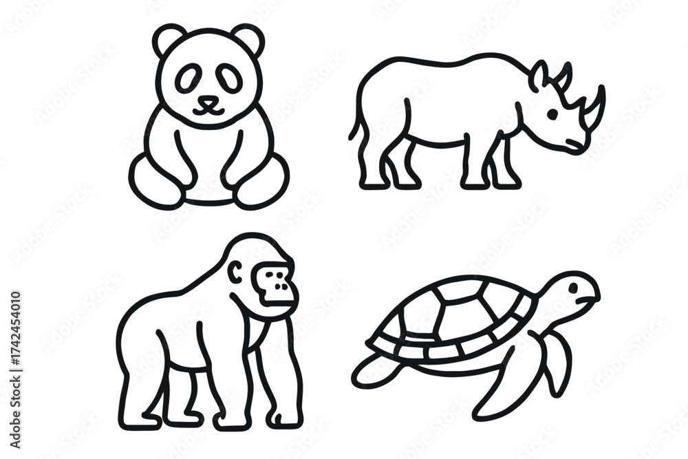 Obraz premium Black and white line art of panda, rhino, gorilla, and tortoise