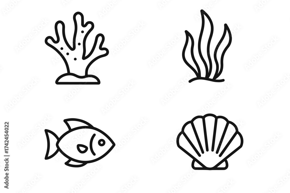 Obraz premium Minimalist ocean icons: coral, seaweed, fish, and shell illustrations
