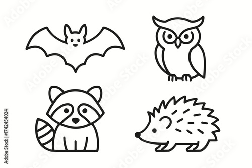 Stylized black and white icons of bat, owl, raccoon, and hedgehog