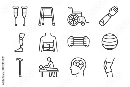 Collection of mobility aids and therapy tools for rehabilitation and physical therapy