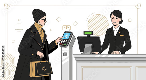 Elegant shopper making a contactless payment at checkout with attentive service representative