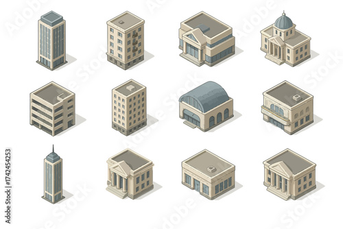 Collection of isometric building models featuring diverse architectural styles