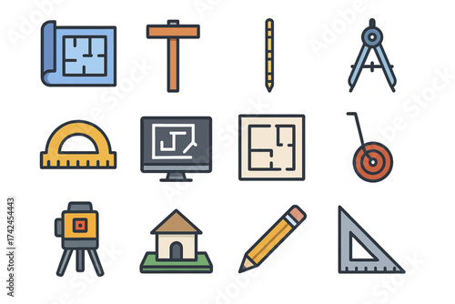Collection of engineering and architecture tools in flat design