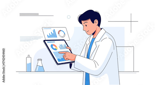 Scientist analyzing data on a tablet in a lab environment showcasing medical research and
