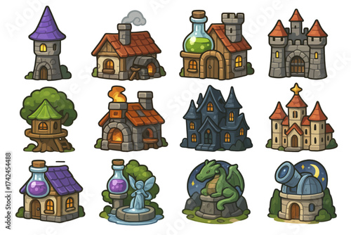 Fantasy village icons: castles, potions, dragon, observatory, and more