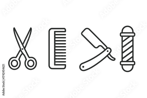 Barbershop tools: scissors, comb, straight razor, barber pole icon set