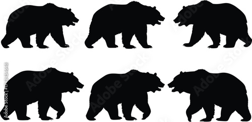 Black bear silhouettes walking, wild animal vector illustration, wildlife design, forest creature, nature symbol, predator outline, seamless pattern, graphic art