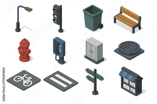 Isometric urban city elements including traffic lights and street furniture