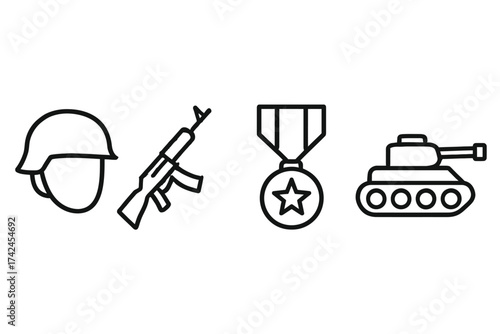 Military symbols: helmet, rifle, medal, tank icons for defense and service