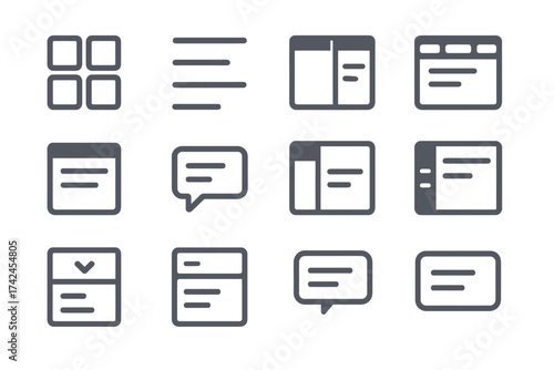 Simple interface icon set with grid, list, chat, and panel designs