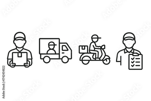 Delivery icons featuring male couriers with parcel, truck, and scooter