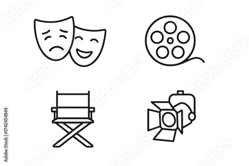 Icons of theater and film: masks, film reel, director's chair, spotlight