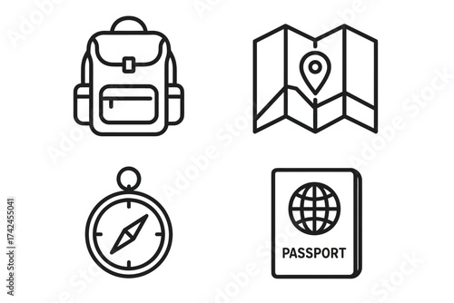 Travel essentials: backpack, map, compass, passport icons for adventure planning