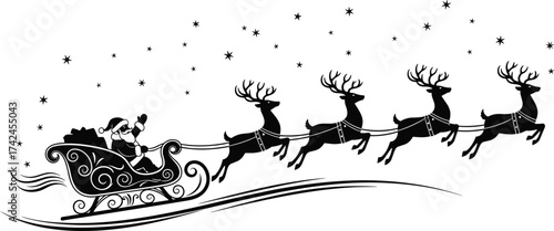 Santa Claus riding sleigh with reindeer under starry winter sky, festive Christmas illustration, holiday celebration vector art, magical seasonal design