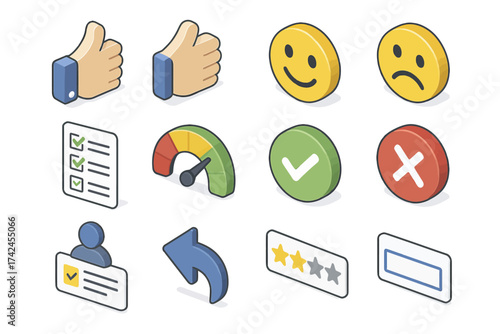 Set of 3d feedback icons: thumbs up down, smiley faces, checklist, gauges, arrows, stars