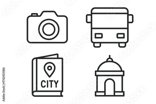 Line art icons of camera, bus, city map, and building