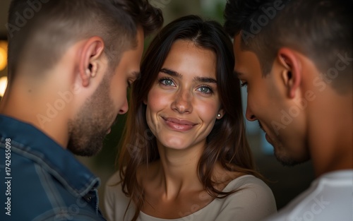 Friendship love jealousy adultery polygamy concept. Love triangle. Young woman in relationship with two men. High quality