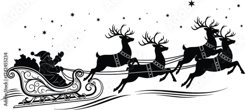 Santa Claus riding sleigh with reindeer, flying vector design