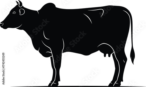 Black cow silhouette grazing in mountain landscape, minimalist vector illustration, rural agriculture concept, farm animal design, 