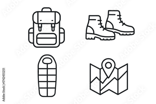 Camping essentials icons: backpack, boots, sleeping bag, map for outdoor adventure
