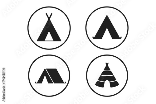 Set of camp, tipi, tent, and wigwam icons in round shape, isolated vector illustration with transparent background for camping, outdoors, nature, travel, and adventure concept